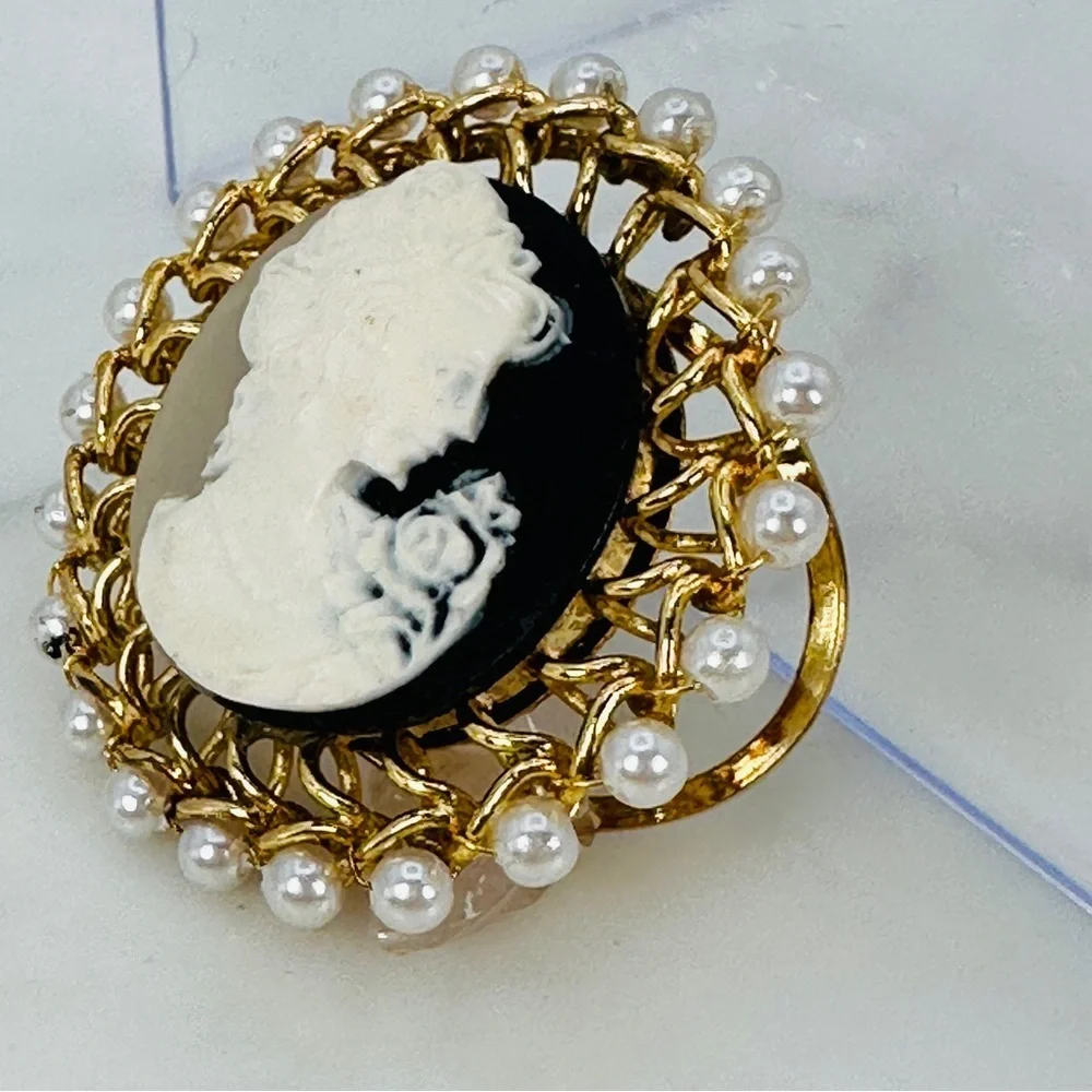 Vintage Faux Cameo Scarf Ring Slide Faux Pearl Romantic Victorian Bridgerton Big